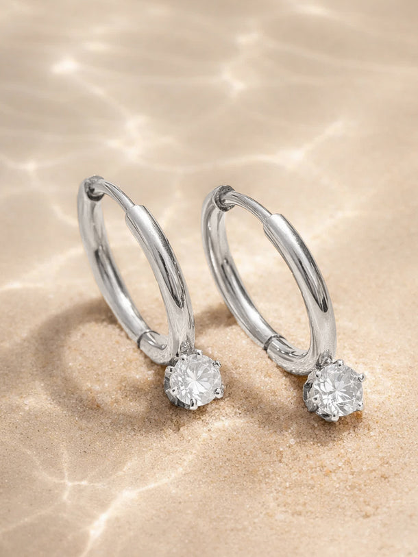 Demi Fine Rhodium Plated Minimal Crystal Drops Hoop Earrings | Anti Tarnish