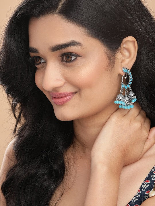 Rubans Silver-Toned & Turquoise Blue Peacock Wing Jhumka Earrings