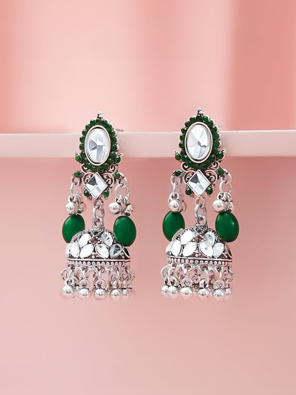 Green & White Studded Jhumkas