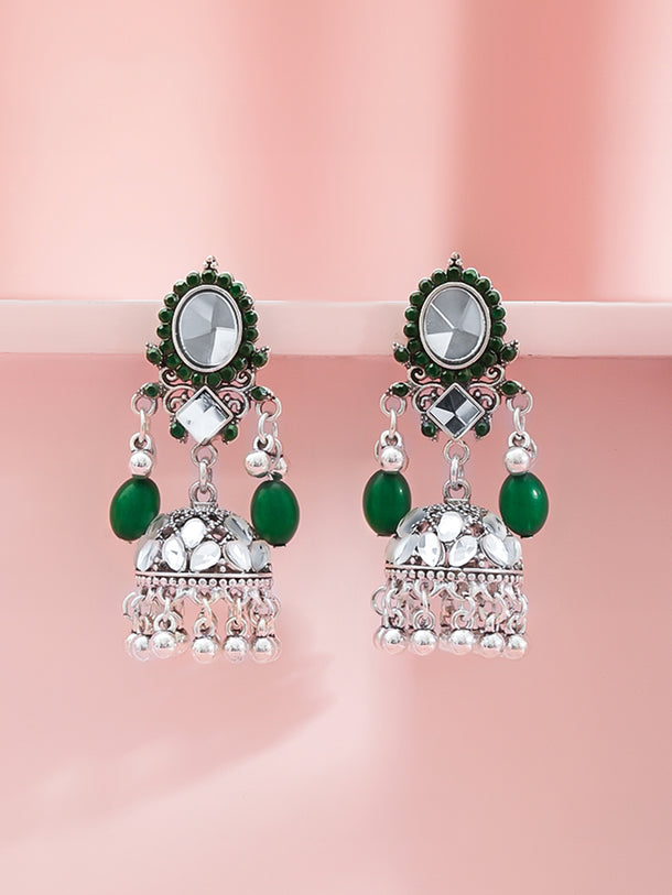 Green & White Studded Jhumkas