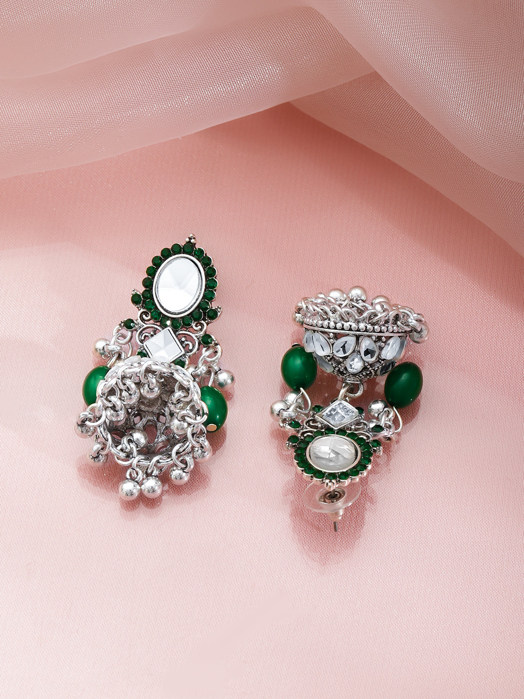 Rubans Rhodium-Plated Brass Green Beaded & White Stone Dome Jhumka Earrings