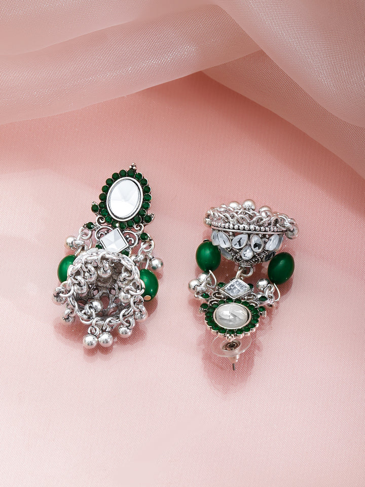 Rubans Rhodium-Plated Brass Green Beaded & White Stone Dome Jhumka Earrings