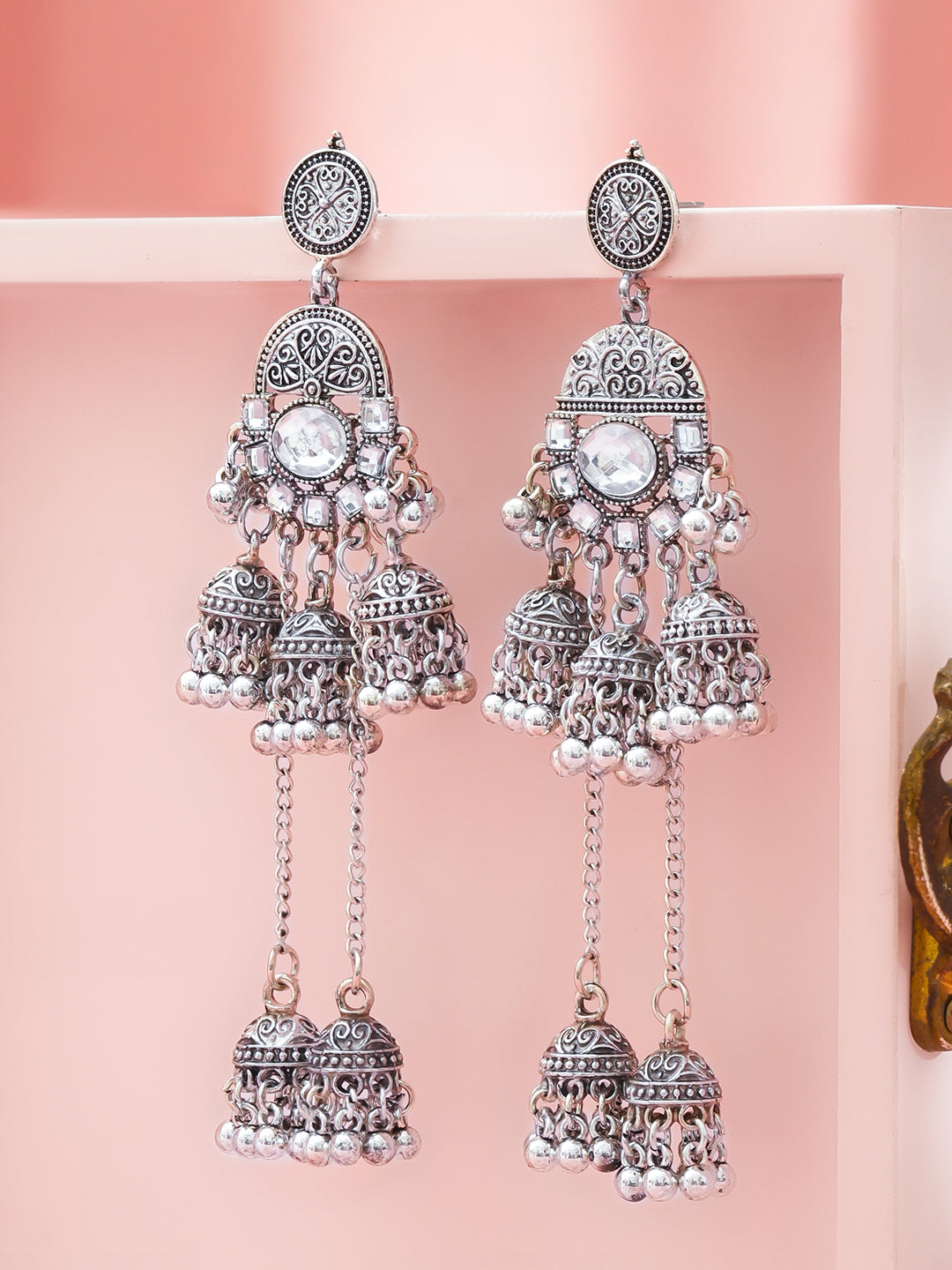 Oxidised Wedding Bells Long Jhumka Earrings