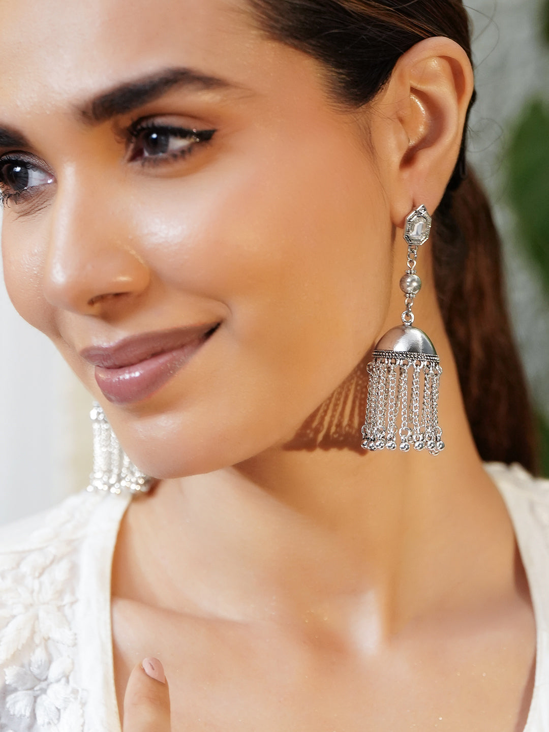 Rubans Oxidised Silver-Plated Brass Long Chain Dome Jhumka Earrings with White Stones Stud