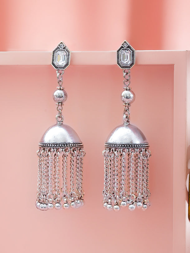 Oxidised Silver AD Dome Jhumka Earrings