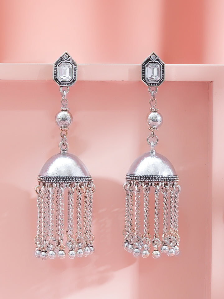 Rubans Oxidised Silver-Plated Brass Long Chain Dome Jhumka Earrings with White Stones Stud