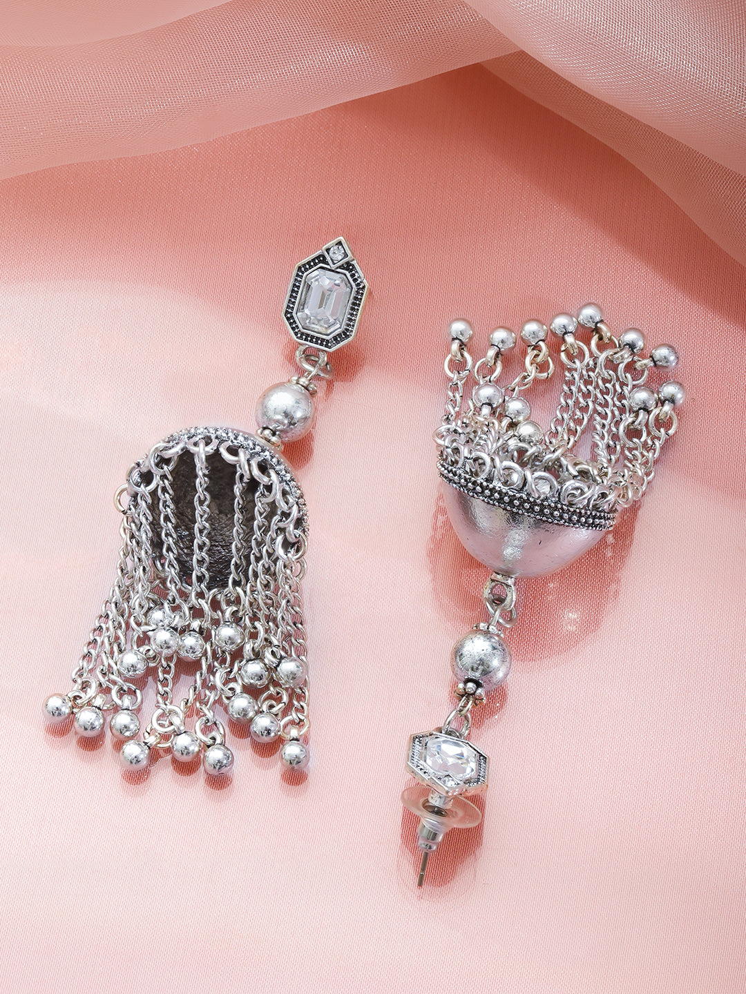 Rubans Oxidised Silver-Plated Brass Long Chain Dome Jhumka Earrings with White Stones Stud