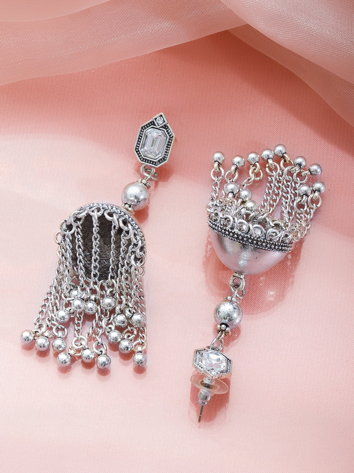 Rubans Oxidised Silver-Plated Brass Long Chain Dome Jhumka Earrings with White Stones Stud