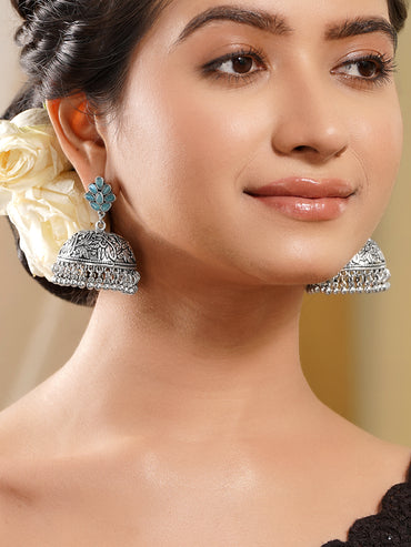 Teal Bloom Oxidised Jhumkas