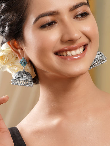 Teal Bloom Oxidised Jhumkas