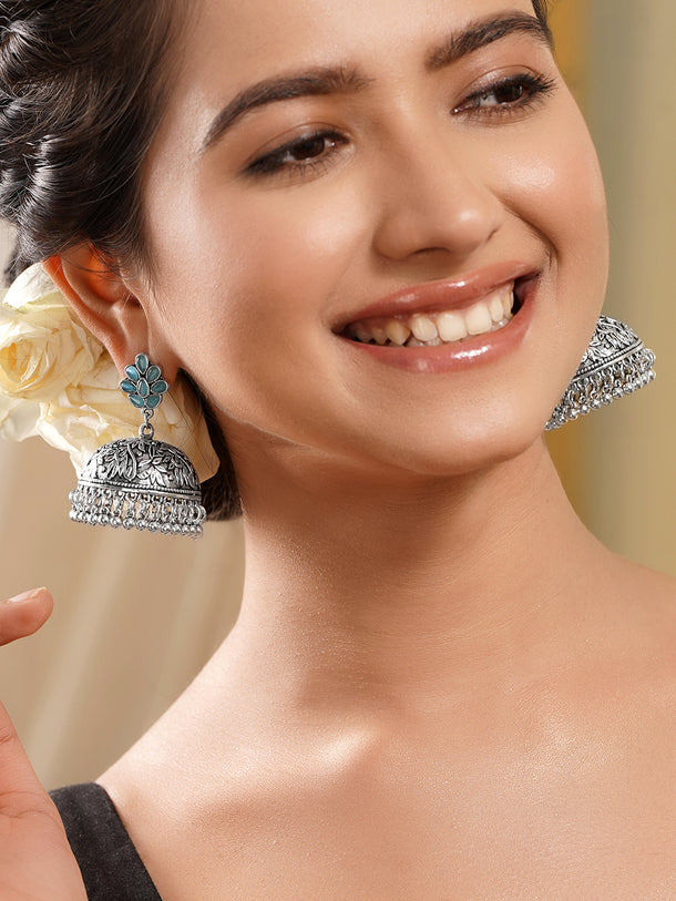 Teal Bloom Oxidised Jhumkas