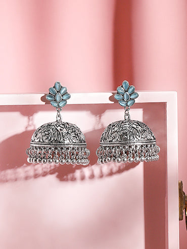 Teal Bloom Oxidised Jhumkas