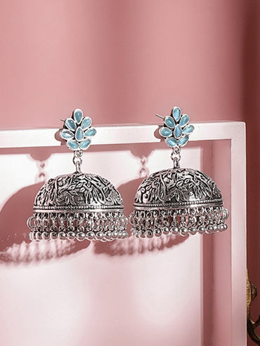 Teal Bloom Oxidised Jhumkas