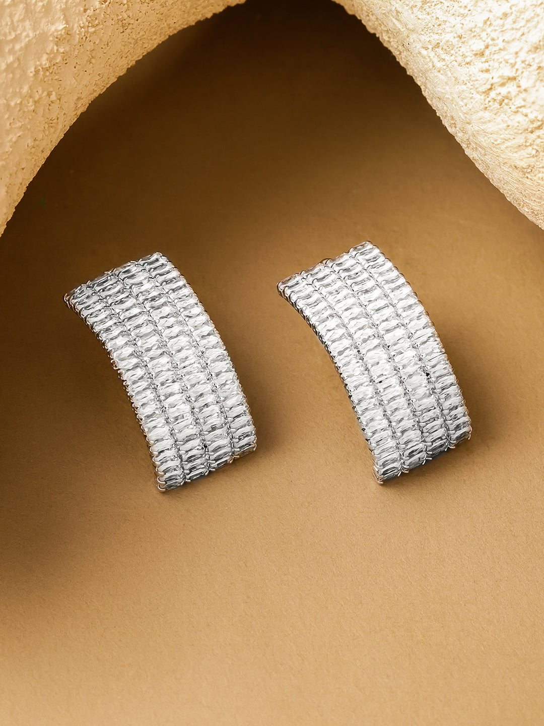 Rubans Rhodium-Plated Crystal Studded Geometric Shapped Half Hoop Earrings