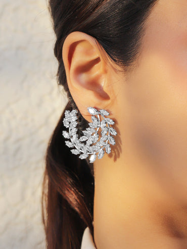 Silver Leaf Spiral Statement Stud Earrings
