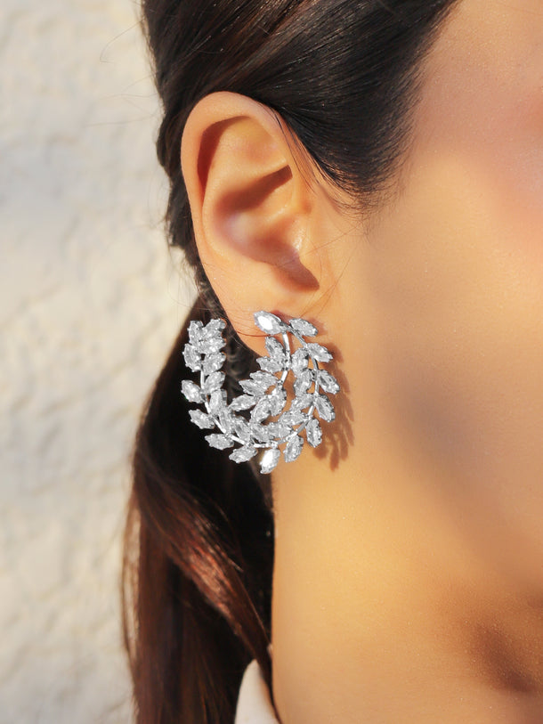 Silver Leaf Spiral Statement Stud Earrings