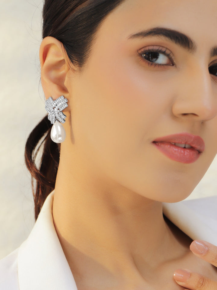 Rubans Rhodium Plated Oversized AD & White Pearl Drop Earrings