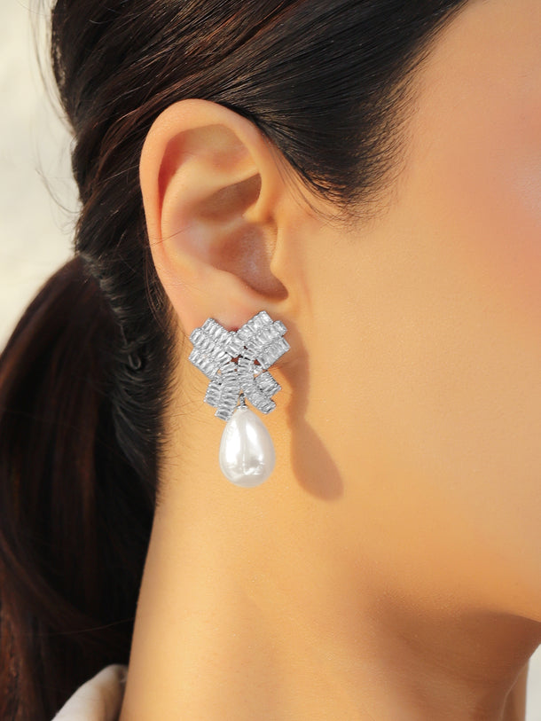 Rhodium Crystal Studded Pearl Drop Earrings