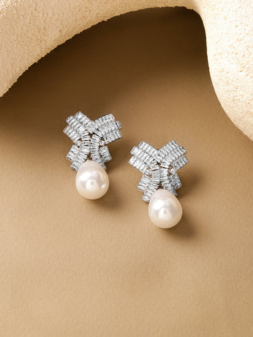 Rhodium Crystal Studded Pearl Drop Earrings