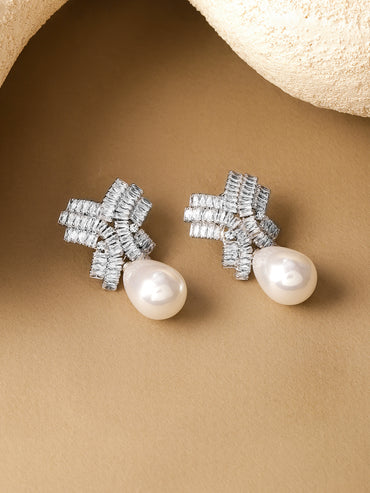 Rhodium Crystal Studded Pearl Drop Earrings