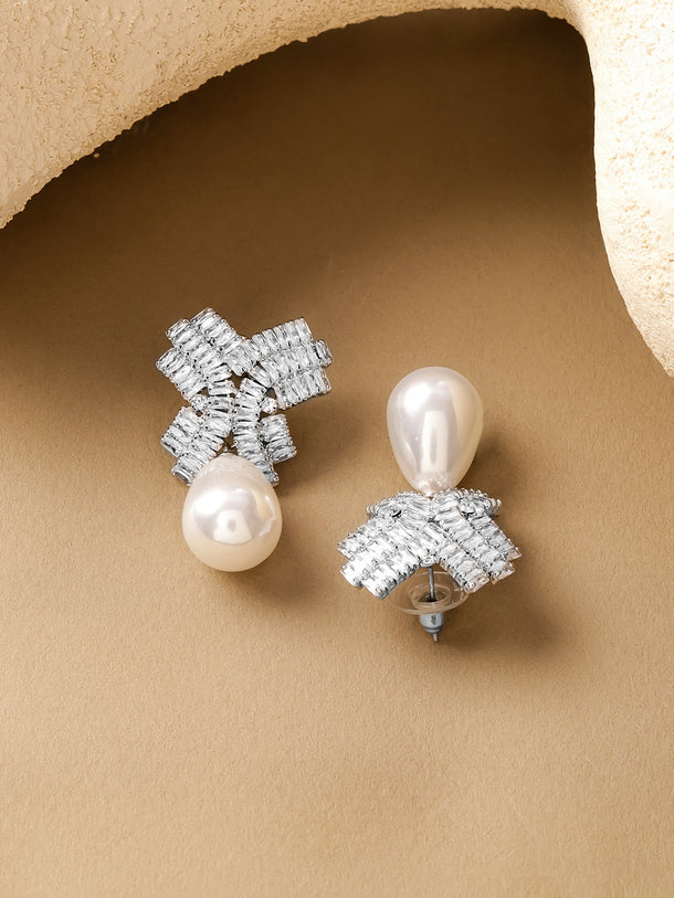 Rhodium Crystal Studded Pearl Drop Earrings