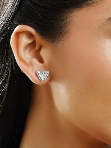 Rubans Rhodium Plated Heart-Shaped Sparkling Cubic Zirconia Stud Earrings