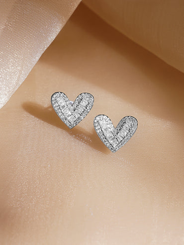 Rubans Rhodium Plated Heart-Shaped Sparkling Cubic Zirconia Stud Earrings