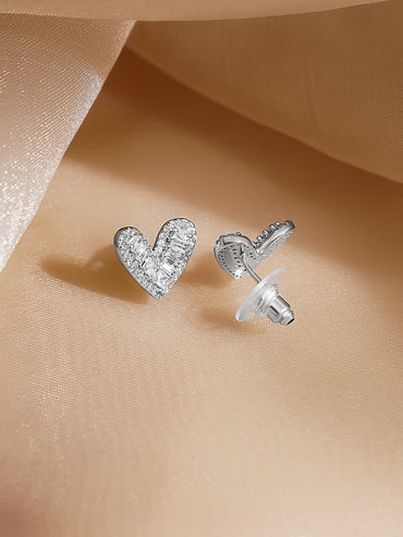 Rubans Rhodium Plated Heart-Shaped Sparkling Cubic Zirconia Stud Earrings