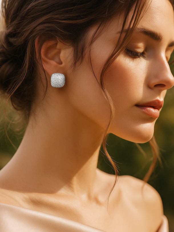 Rubans Rhodium-Plated Cushion Stud Earrings with Crystal Zirconia Detailing