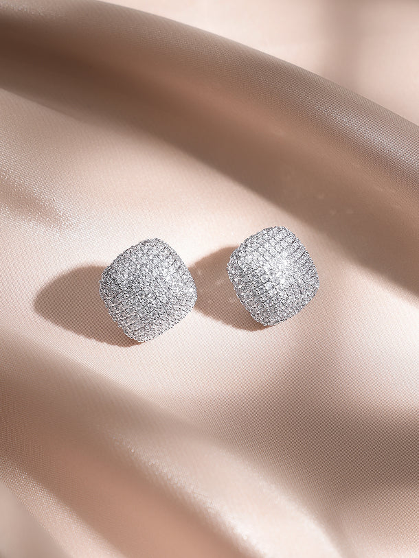 Rubans Rhodium-Plated Cushion Stud Earrings with Crystal Zirconia Detailing