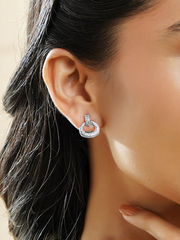 Rubans Rhodium-Plated White Crystal AD Textured Circular Loop Stud Earrings