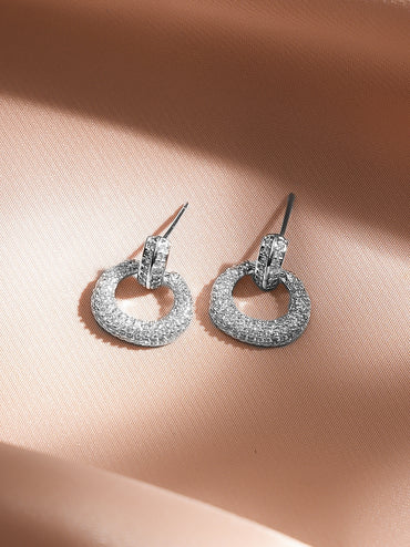 Rubans Rhodium-Plated White Crystal AD Textured Circular Loop Stud Earrings