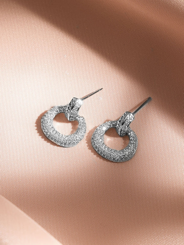 Rubans Rhodium-Plated White Crystal AD Textured Circular Loop Stud Earrings