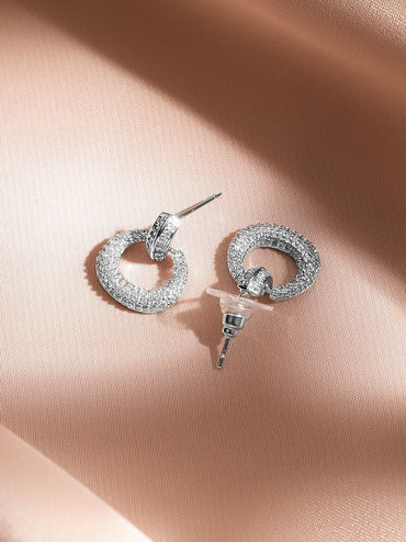 Rubans Rhodium-Plated White Crystal AD Textured Circular Loop Stud Earrings
