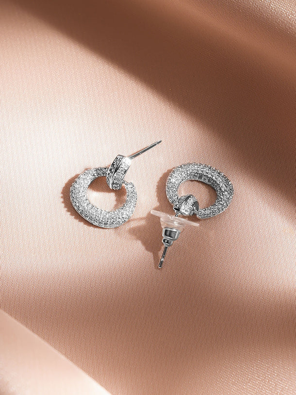 Rubans Rhodium-Plated White Crystal AD Textured Circular Loop Stud Earrings