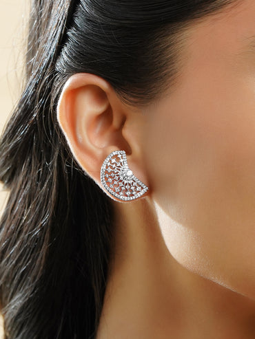 Rubans Rhodium Plated Sparkling Cubic Zirconia Half-Fan Statement Stud Earrings