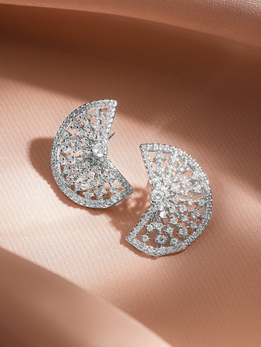 Rubans Rhodium Plated Sparkling Cubic Zirconia Half-Fan Statement Stud Earrings
