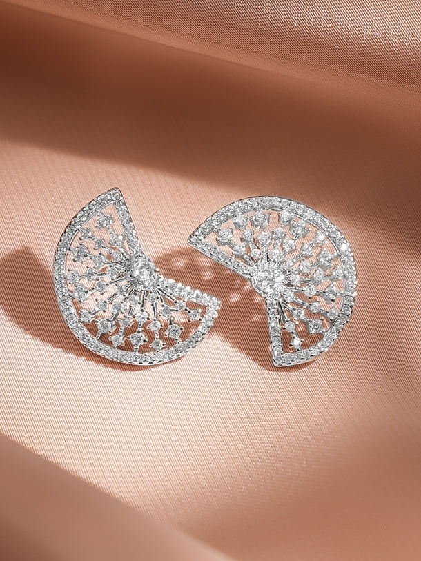 Rubans Rhodium Plated Sparkling Cubic Zirconia Half-Fan Statement Stud Earrings