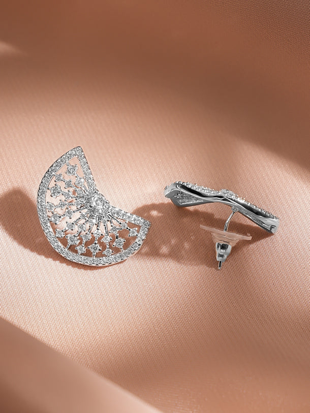 Rubans Rhodium Plated Sparkling Cubic Zirconia Half-Fan Statement Stud Earrings