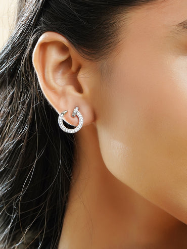 Rubans Rhodium Plated Crystal CZ Studded Open Hoop Minimal Stud Earrings