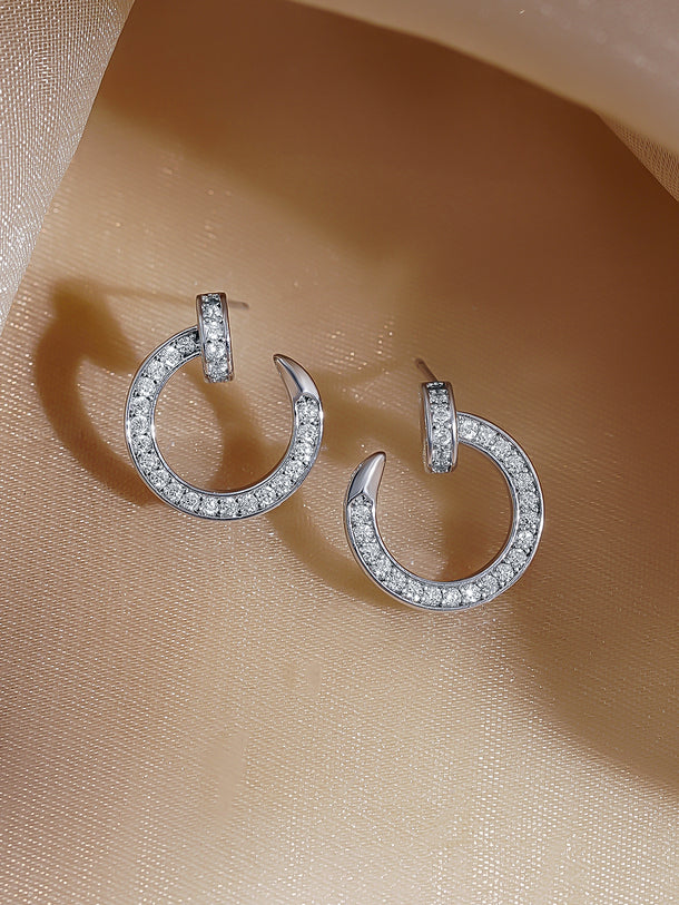 Rubans Rhodium Plated Crystal CZ Studded Open Hoop Minimal Stud Earrings