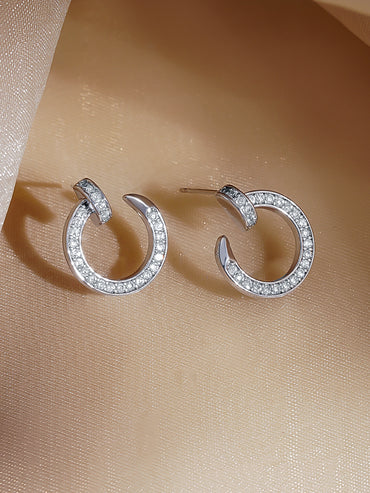 Rubans Rhodium Plated Crystal CZ Studded Open Hoop Minimal Stud Earrings
