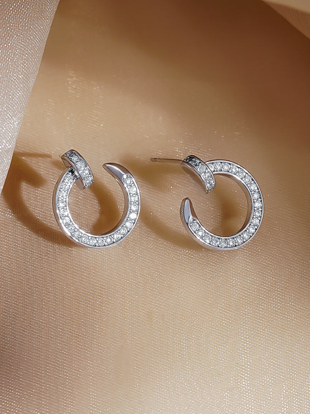 Rubans Rhodium Plated Crystal CZ Studded Open Hoop Minimal Stud Earrings
