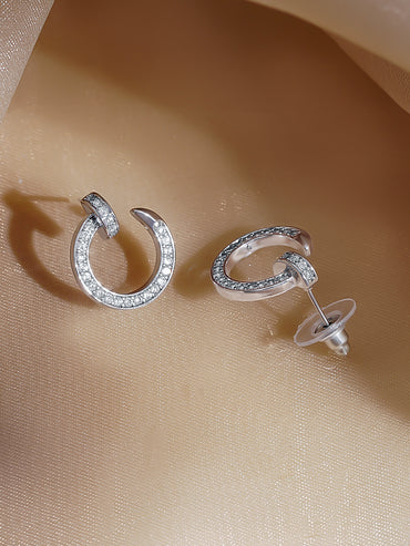 Rubans Rhodium Plated Crystal CZ Studded Open Hoop Minimal Stud Earrings