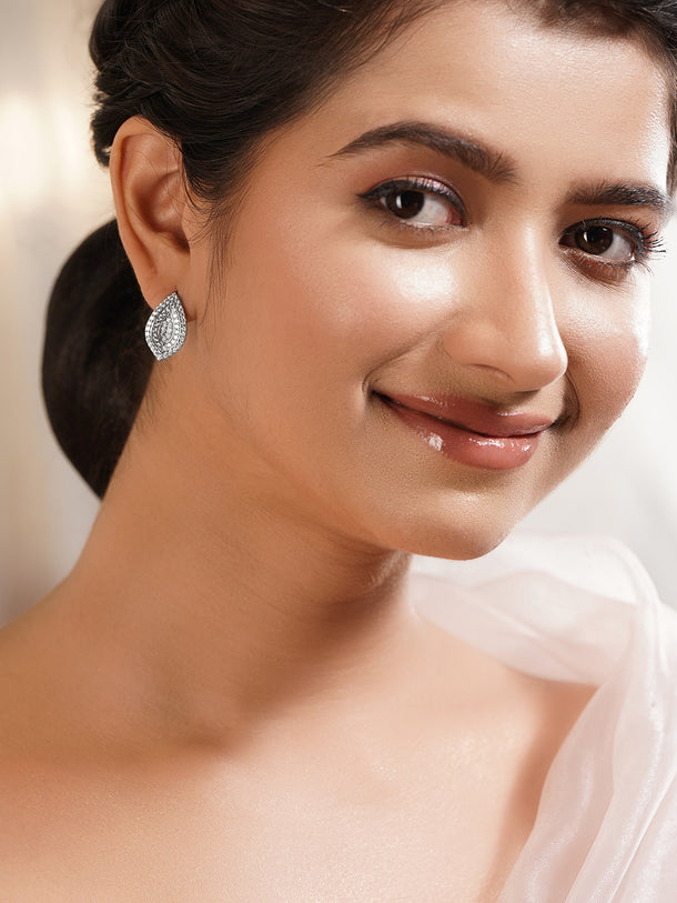 Rhodium Plated Brass American Diamond Leaf Stud Earrings