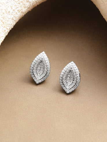 Rhodium Plated Brass American Diamond Leaf Stud Earrings