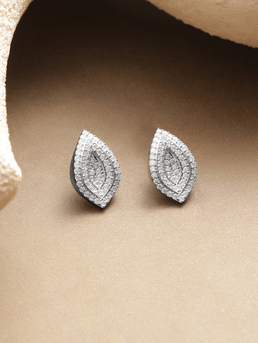 Rhodium Plated Brass American Diamond Leaf Stud Earrings