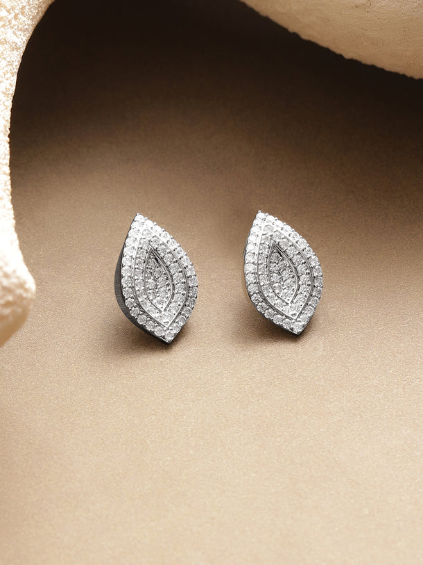 Rhodium Plated Brass American Diamond Leaf Stud Earrings