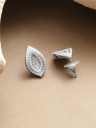 Rhodium Plated Brass American Diamond Leaf Stud Earrings