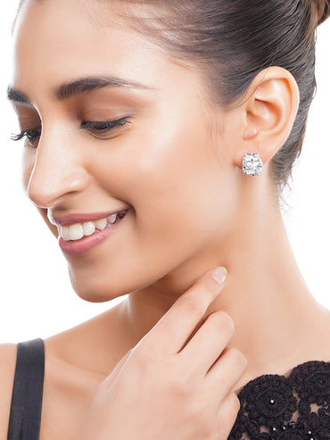 Rhodium Plated Frozen Facet CZ Cube Stud Earrings